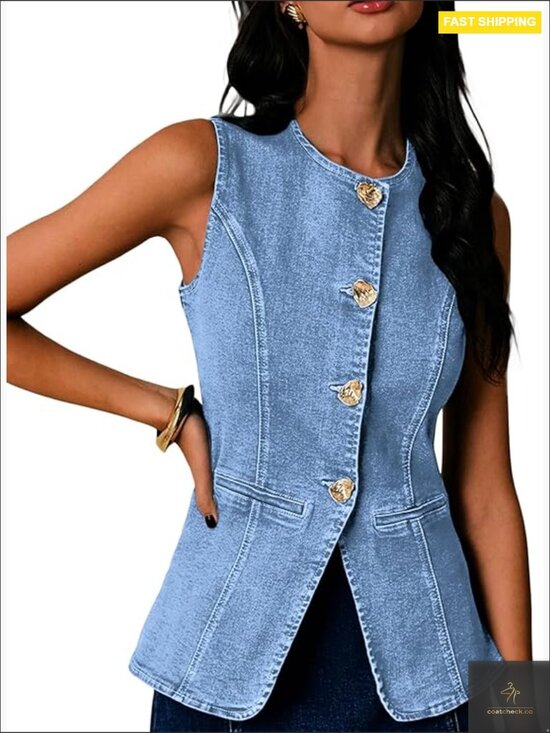 Jackets & Blazers - Slim Fit Denim Vest Blazer Sleeveless Crew Neck Button Down Western Y2K